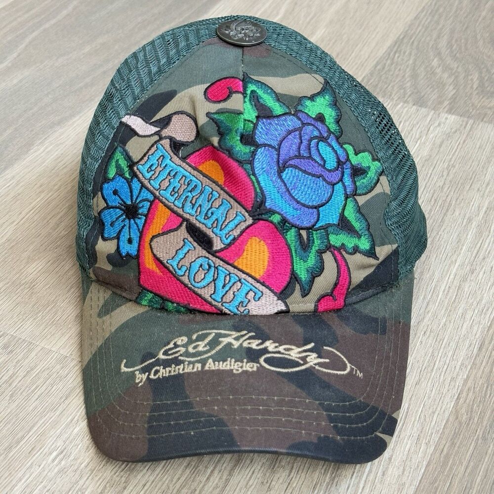 Ed Hardy Christian Audigier Cap Hat Eternal Love Trucker Camo Mesh Embroidered